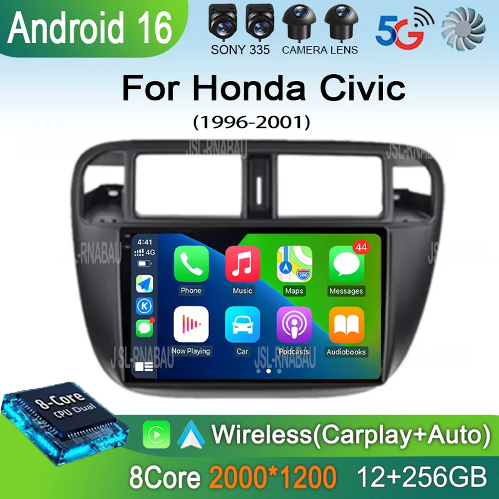 

Автомагнитола Android 16 с Wi-Fi+4G для Honda Civic 1996-2001, мультимедийный видеоплеер, GPS-навигация, стереосистема, камера 360°