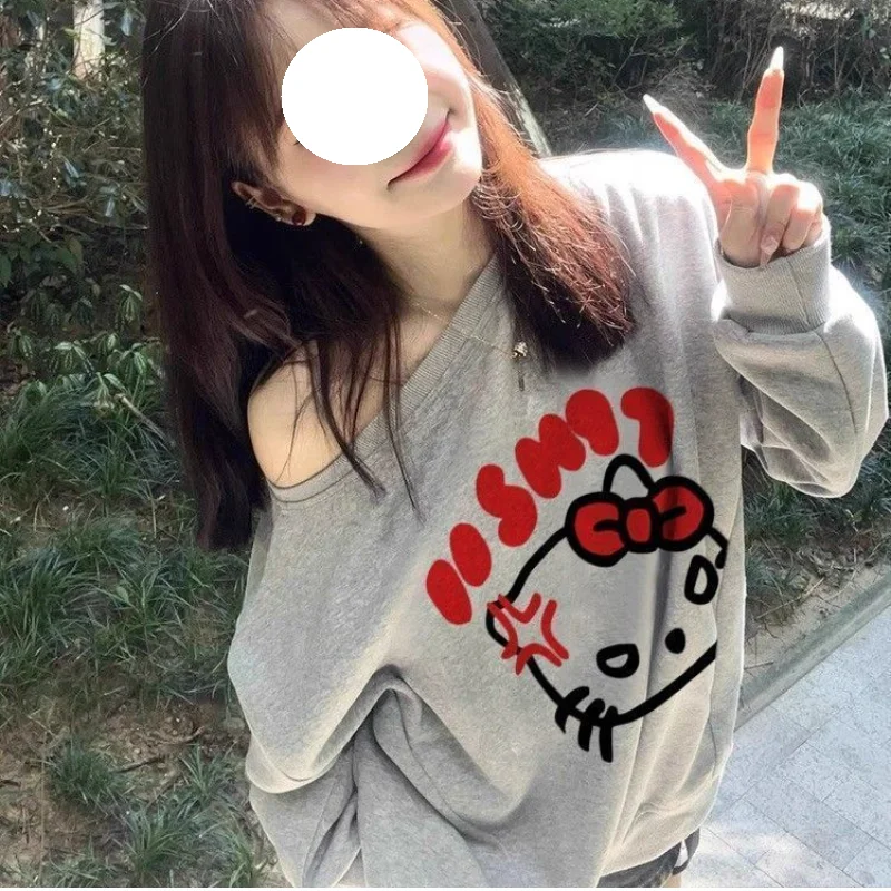 サンリオハローキティ女性スウェットキュートオール漫画春秋長袖斜め襟トップス女性服アウター新しい