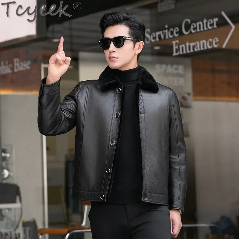 Tcyeek Real Leather Jacket Men Winter Clothes Business Casual Natural Fur Coats Male Thickened Warm Real Sheepskin Fur Jackets