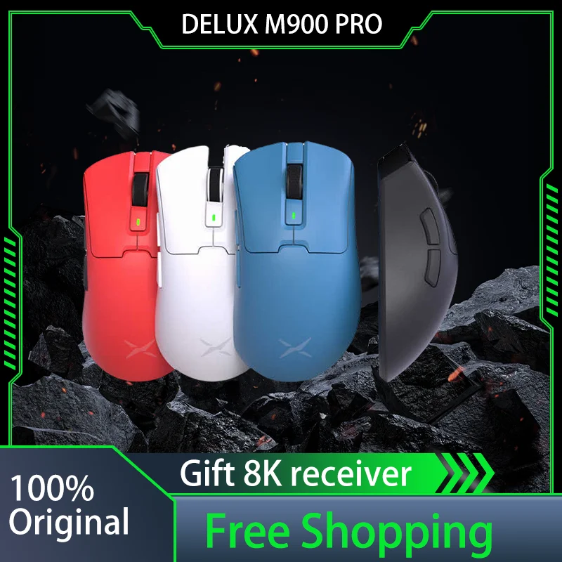 DELUX M900pro Gaming Mouse Wireless Dual Mode PAW3395 Gift 8K Receiver 26000Dpi Ergonomic Design Lightweight Right Big Hand Pad