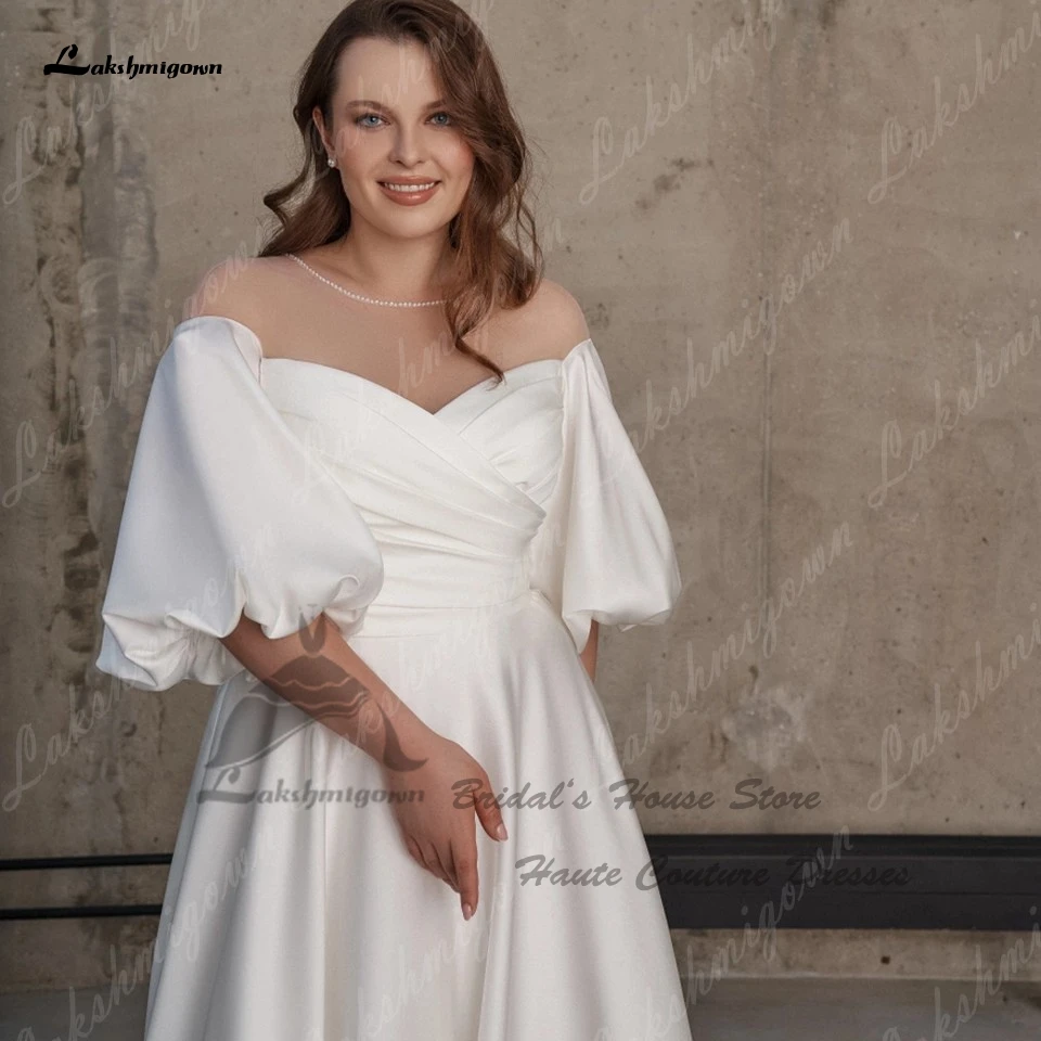 Lakshmigown modesto cetim nupcial a linha vestidos de casamento rendas até voltar 2023 plus size vestido de casamento feminino praia inchado meia mangas