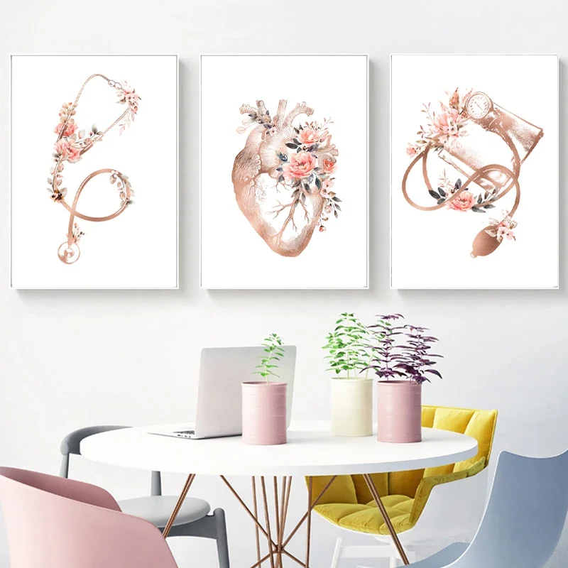 Heart Stethoscope EKG Flower Medical Posters and Prints Cardiologist Office Wall Art Pictures Canvas Painting Decor Doctor Gift