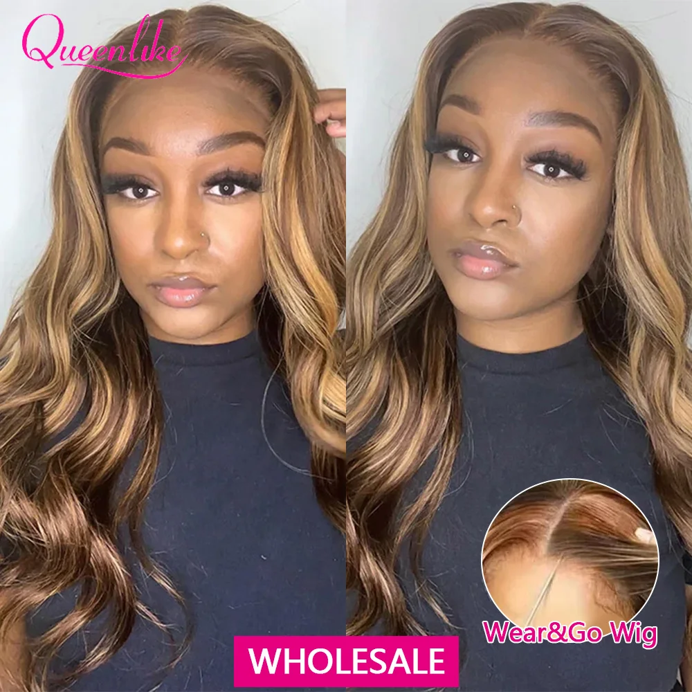 

Choice 26inch Highlight Glueless Wig Human Hair Ready to Wear And Go P4/27 Colored Honey Blonde Body Wave Pre Cut Wigs for Women