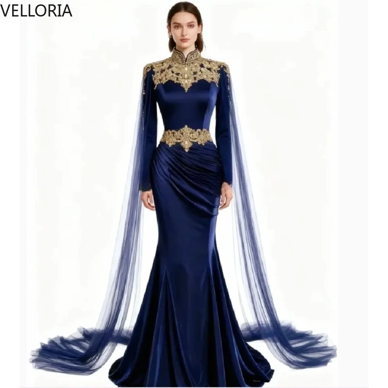 

Navy Evening Dress With Cape Gold Lace Elegant Long Sleeve Mermaid Prom Dress Vintage Abaya Formal Party Dress Customized