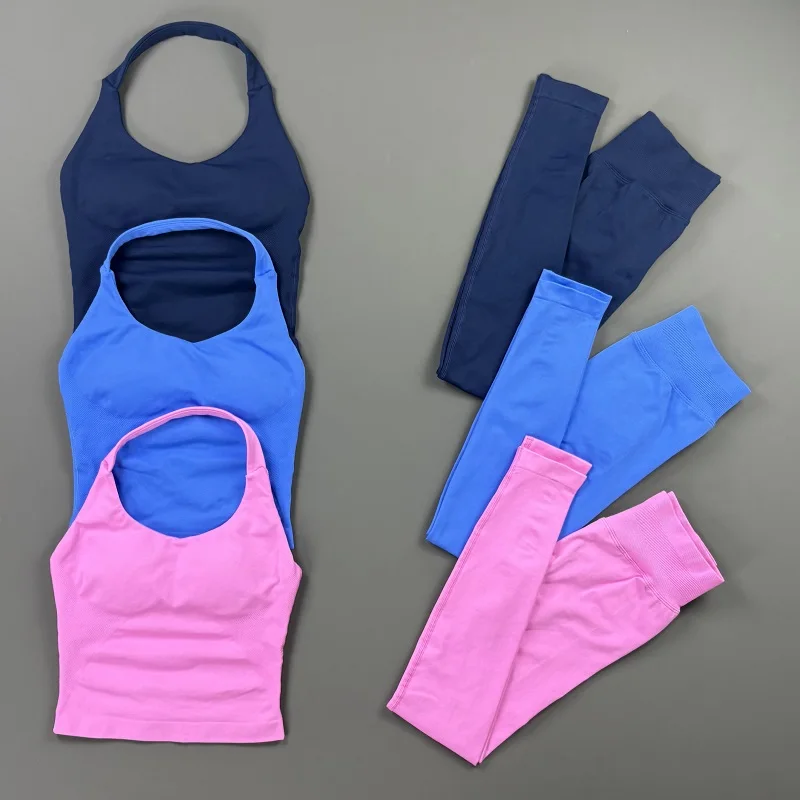 Women Workout Set 2Pc Seamless Halter Padded Sports Top Stretch Breathable Leggings Gym Yoga Pilates Running Activewear