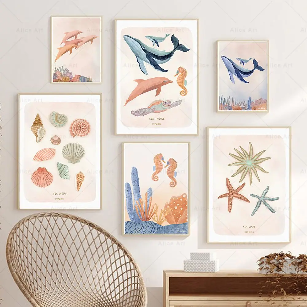 Póster de Fauna marina de planta bohemia, concha de estrella de mar, imagen nórdica de dibujos animados, arte de pared para guardería, lienzo impreso, pintura para habitación de niños, decoración del hogar