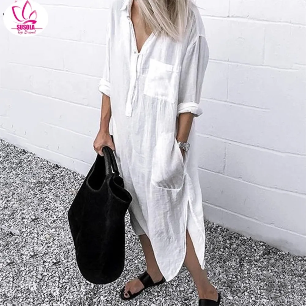 Casual Shirt Dress Women Solid Long Sleeve Loose Dresses Turn Down Collar Button Side Split Sundress Female Tunic Robe Vestidos