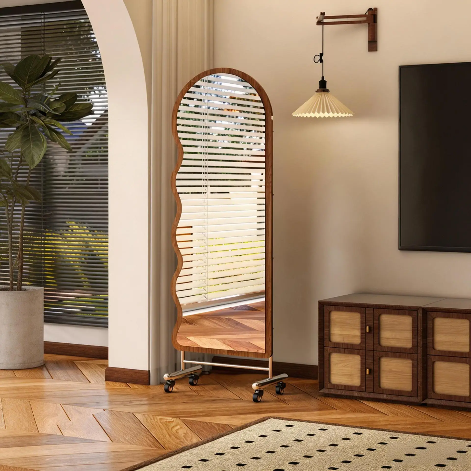 HYS medieval wave edge pulley movable floor-to-ceiling full-body mirror bedroom home special-shaped explosion-proof glass