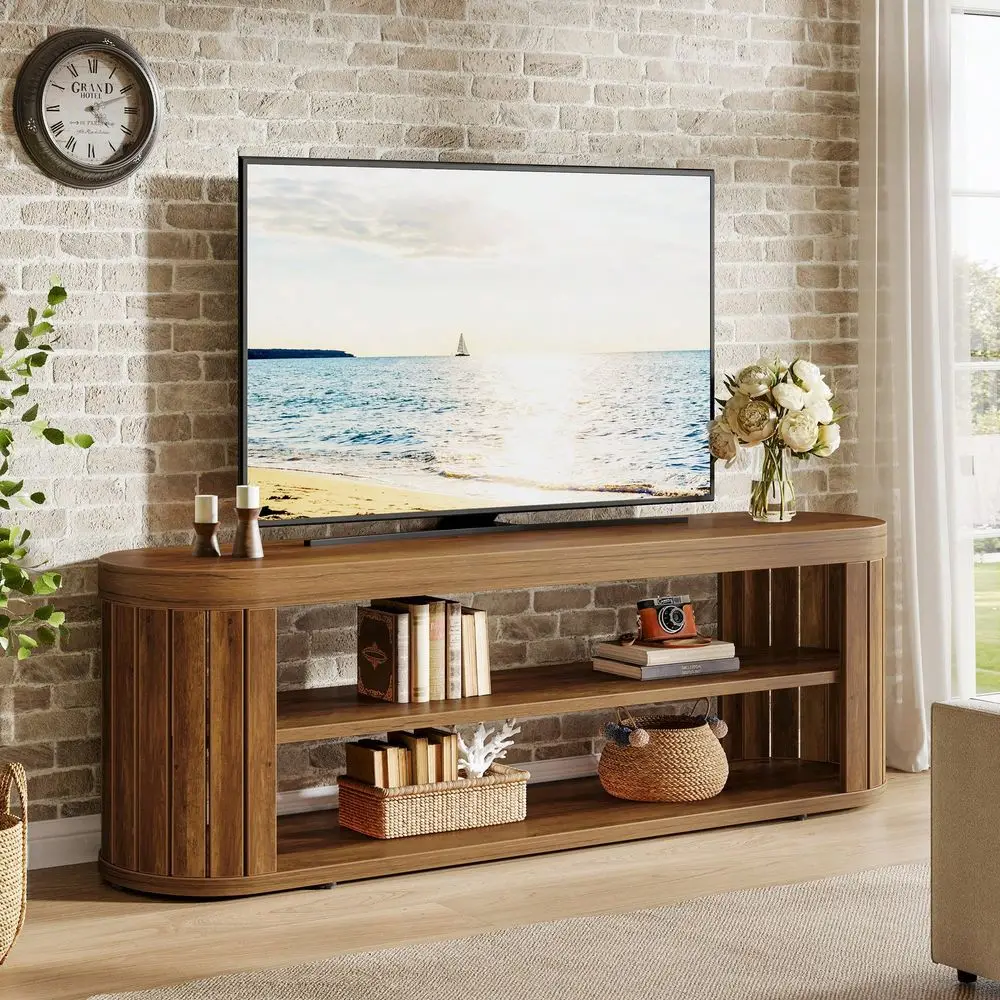 47.2Inch TV Stand For TVs  To 55 Inches, Entertainment Center With 2Tier Open Storage Adjustable Foot Pads, Oval Media TV Con