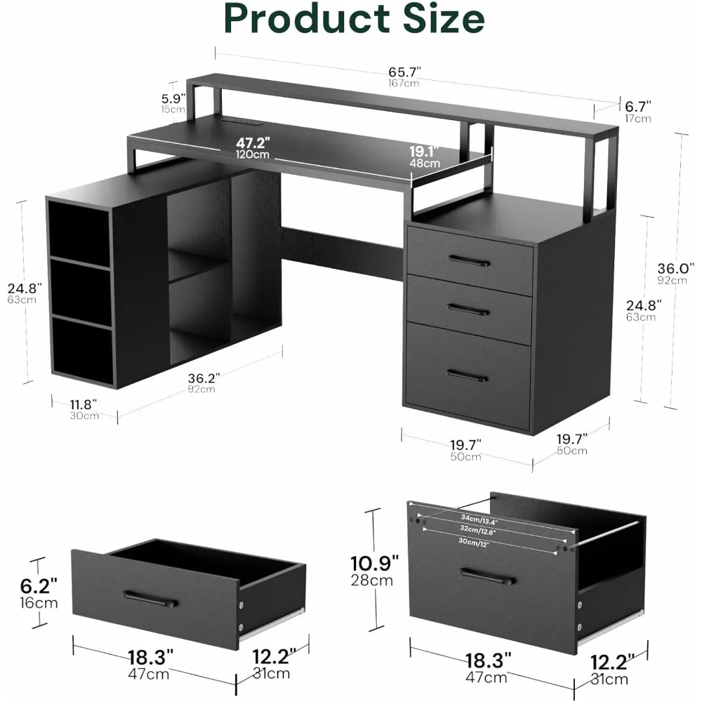 L-shaped computer desk with 3 drawers, large 65.7-inch desk with electrical outlets and LED lights