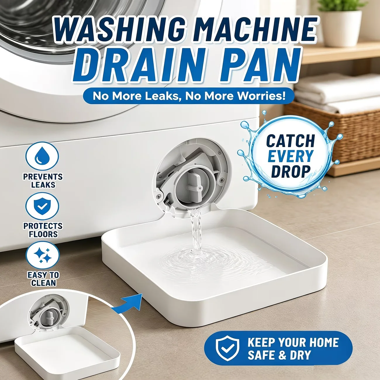 Reusable washing machine drain drip tray