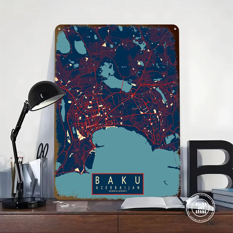 Baku City Map Hope 3D Printed Texture Poster Personalized Wall Art Retro Metal Tin Signs for Living Room Decoration Man Bedroom