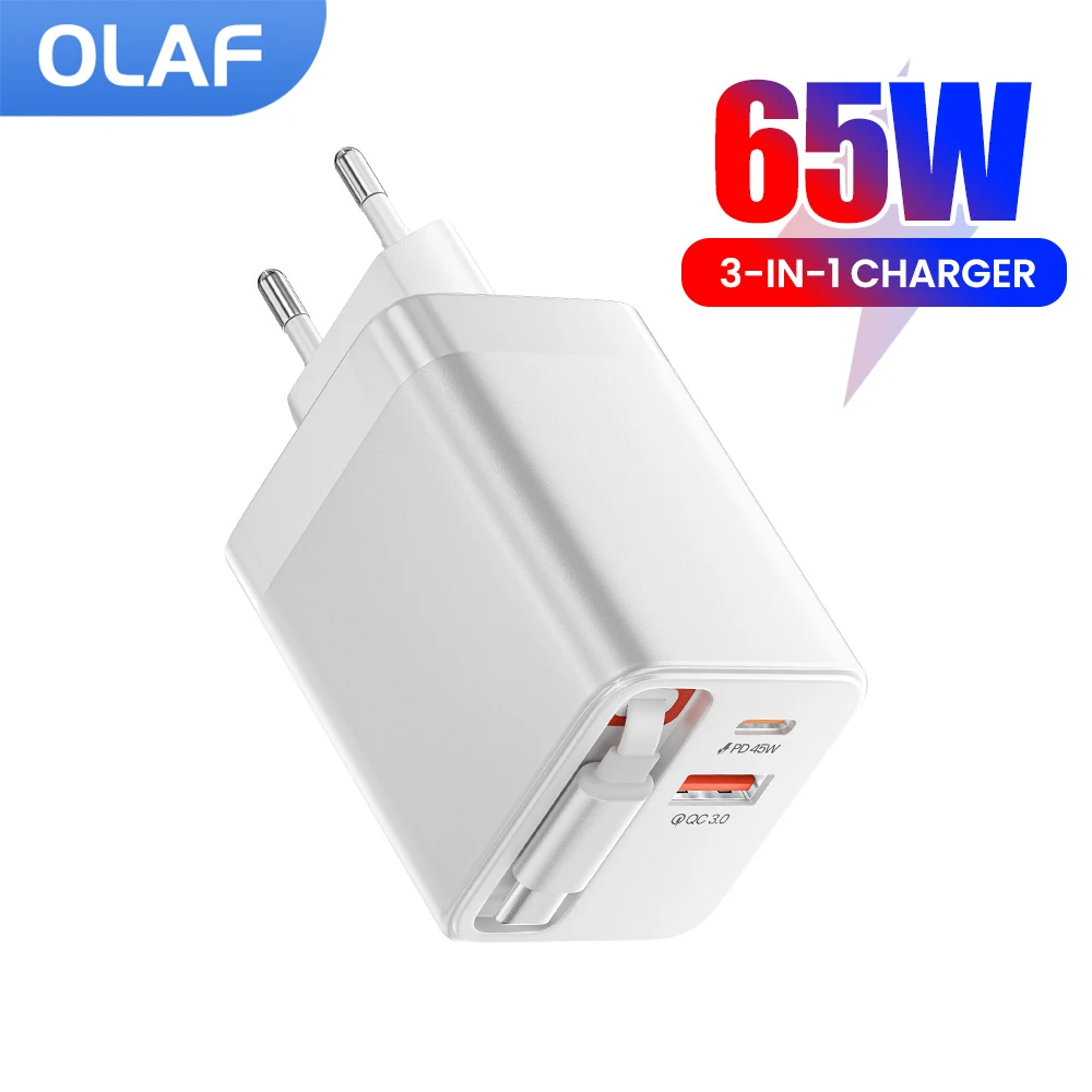 

Зарядное устройство USB C мощностью 65 Вт с выдвижным кабелем типа C PD QC3.0 Быстрое зарядное устройство USB типа C для iPhone 16 15 Samsung Xiaomi Ноутбук ipad