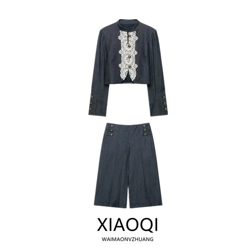 Fall 2026 New Women's Lace Splicing Shoulder Pad Stand Collar Long Sleeve Short Jacket Outerwear Elegant Fashionable Ladies' ...