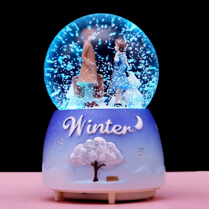 

White Moonlight Couple Crystal Ball Music Box Valentine's Day Home Decoration Snow Glowing Rotating Creative Birthday Gift