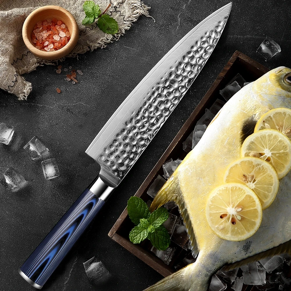 XITUO Damascus Steel 5PCS Set Kitchen Knives Sharp, Chef's Cooking Knives , with Magnetic Wood Knife Holder, Blue G10 Handle