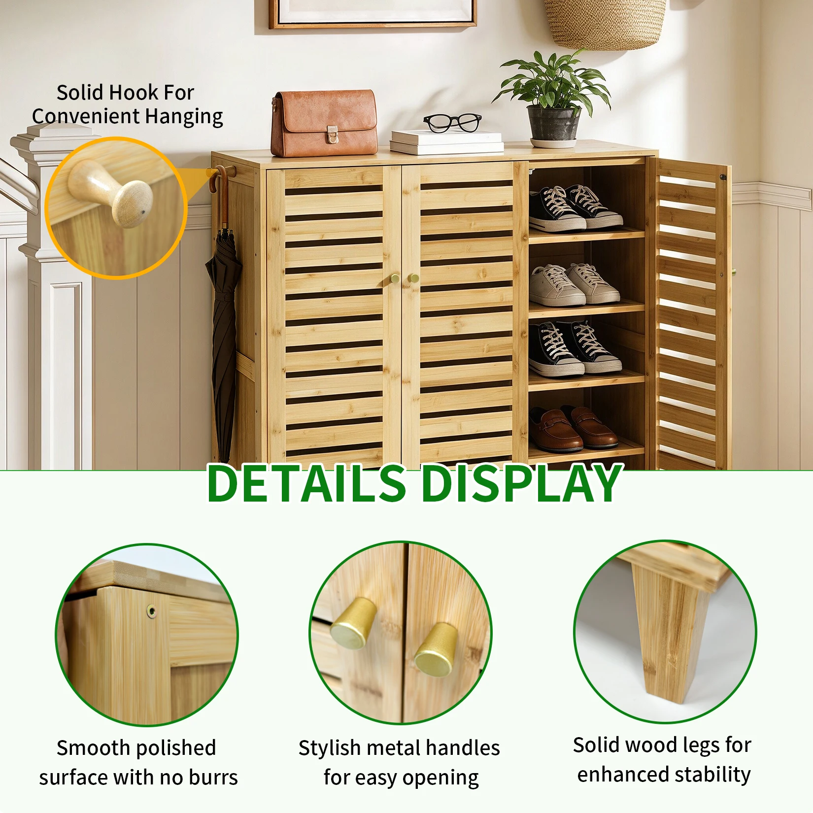 Bamboo Shoe Storage Cabinet with Slatted Doors, 5-Tier Wooden Shoe Organizer Cupboard for Entryway Hallway, Freestanding Large Shoe Rack with Side Hooks & Magnetic Closure