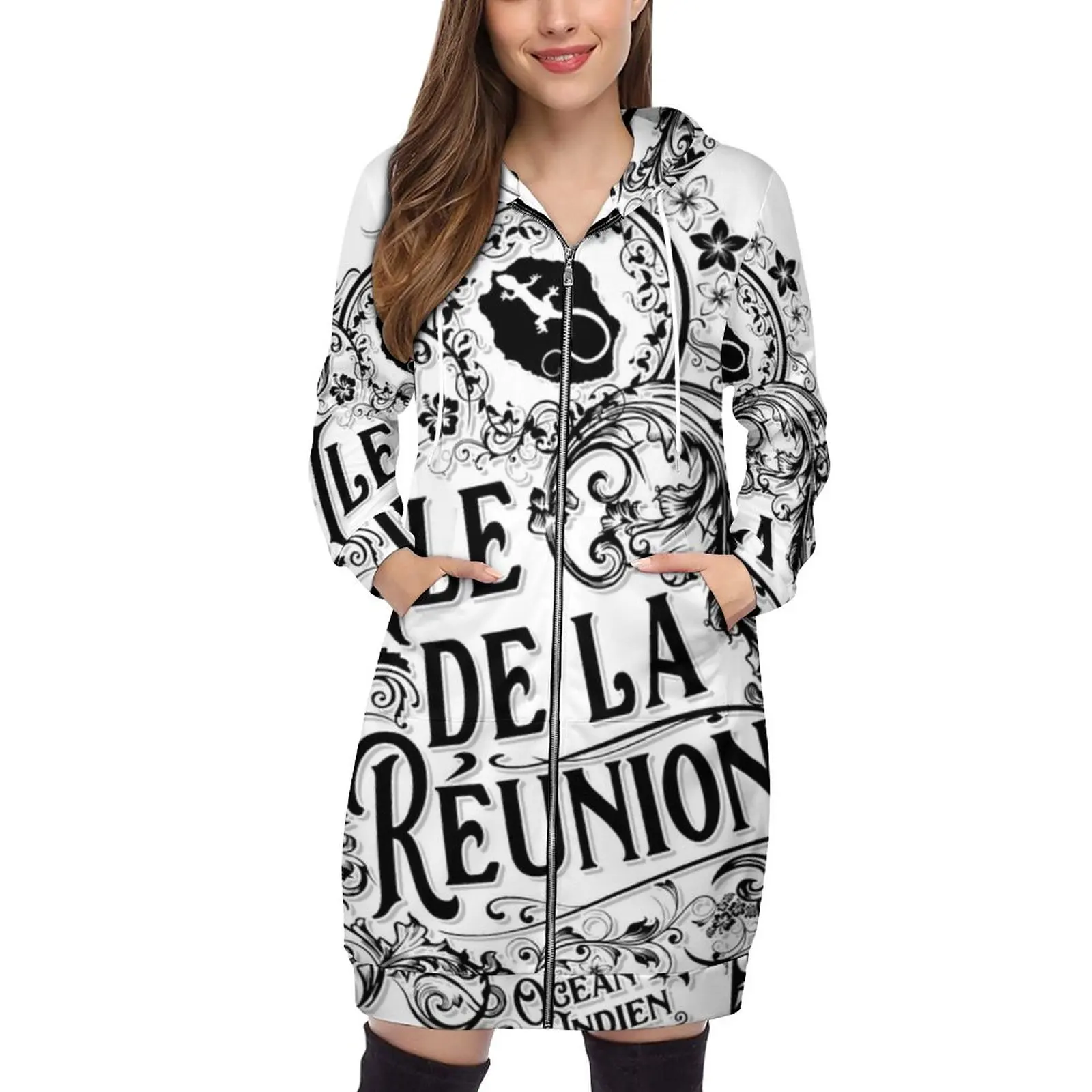 Island-Flourishes 8 Black Grey Pullovers Hoodies Long Sleeve Hoodie Sweatshirt Printed Pocket Hooded Sweatshirts For Women 974