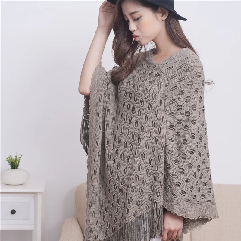 2022 Spring Autumn New Double-layer Irregular Shawl Hollowed Out Tassel Lattice Cloak Versatile Loose Pullover Poncho Gray