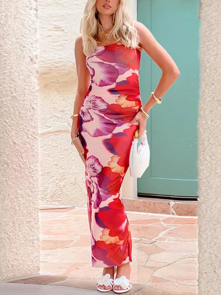 Blifanbo Strapless Print Flower Maxi Dress Women Elegant Sexy High Waist Sleeveless Off-shoulder Patchwork Slim Holiday Dress