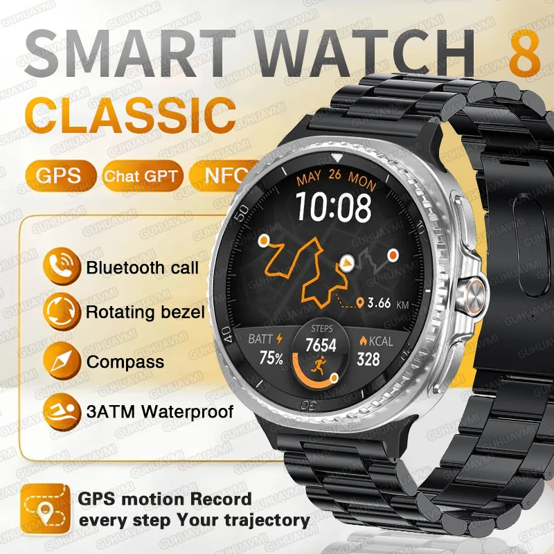 

Watch 8 Ultra Classic GPS Men Smartwatch 1.43 inch AMOLED HD Screen Bluetooth call NFC 3ATM Waterproof Sports Health Ms. Watches