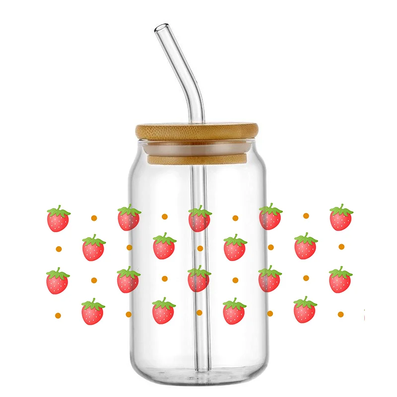 

wholesale easy peel waterproof strawberry anime cartoon glass coffee mug transfers uvdtf crystal stickers 16oz uv dtf cup wraps