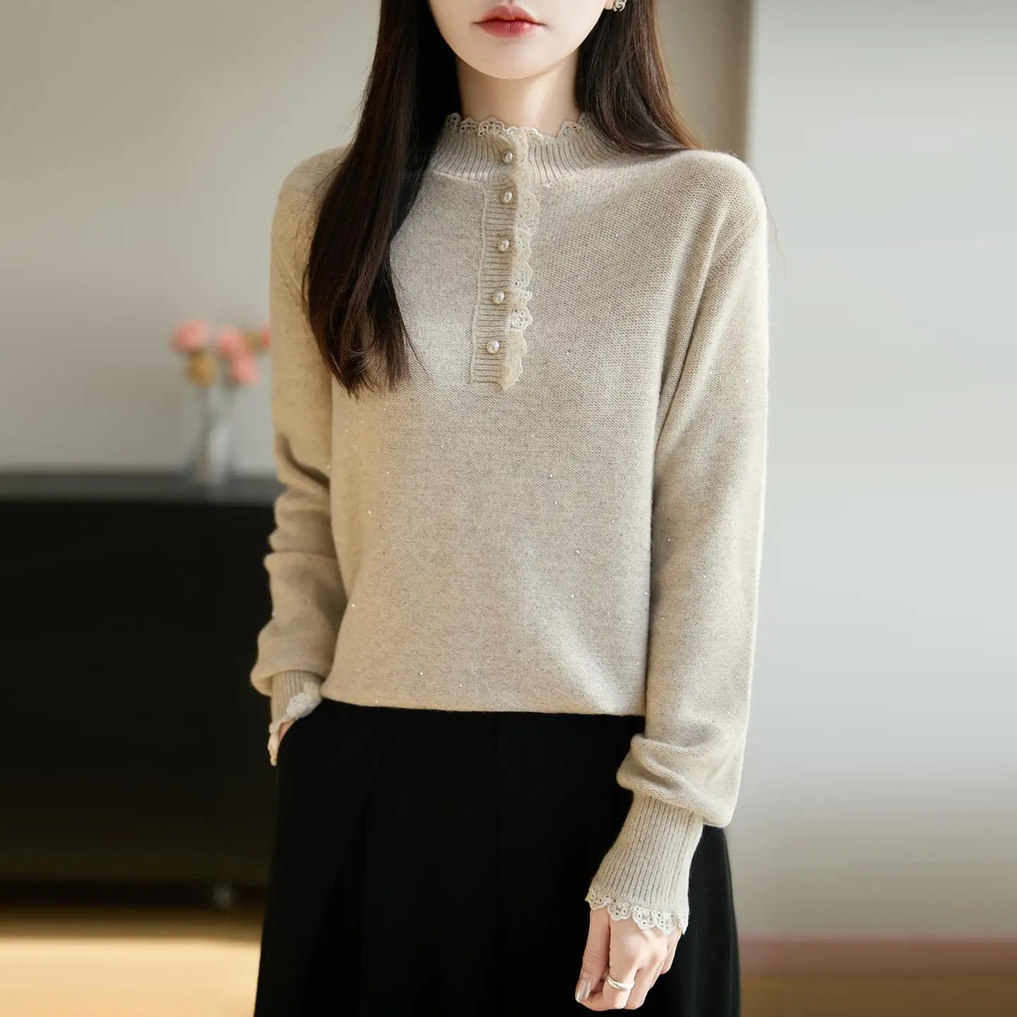 Women's Knitted Long Sve Loose Fit Sweater with Lace Trim Stand Collar f High Ne Casual Sle Autumn Winter Top