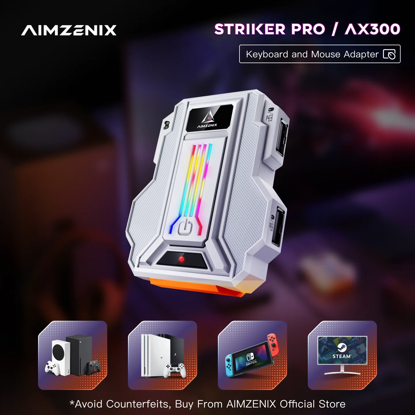 

AIMZENIX STRIKER PRO K&M Game Adapter for PS4, PS3, ONE,X360, XSS, XSX, N-Switch, Supports 3.5mm Headphones, App