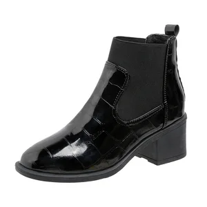 Bright leather chelsea boots for women, high round toe heels, British lacquered leather, medium heel, fall and winter, 2024 8 Main sales boot brightness - №3