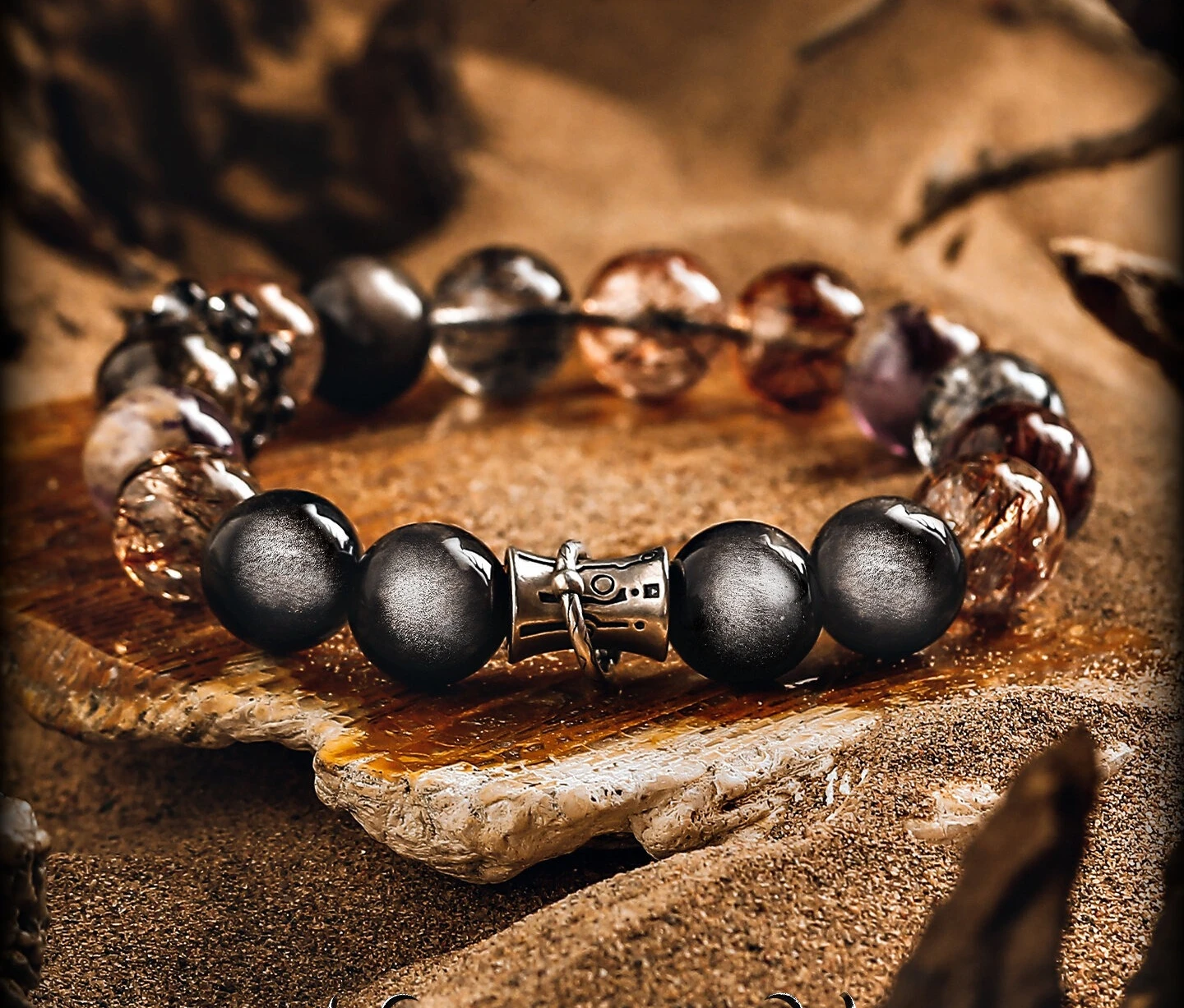[Apocalypse] Retro Silver Obsidian Bracelet Men's Premium Black Gold Super Seven Crystal Bracelet