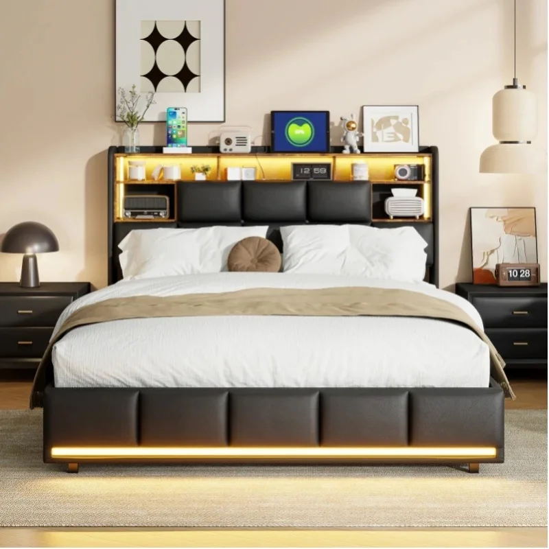 Rosahqnda Doppelbett für Erwachsene 160x200/140x200 cm mit LED-Beleuchtung und offenen Ablagen im Kopfteil, Lattenrost, modernes Schlafzimmerbett, PU, Schwarz, ohne Matratze