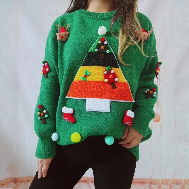 Christmas 3D Sweater Knitted Christmas Tree Jacquard Women European American Knitted Sweater Pullover O-neck Loose Top New