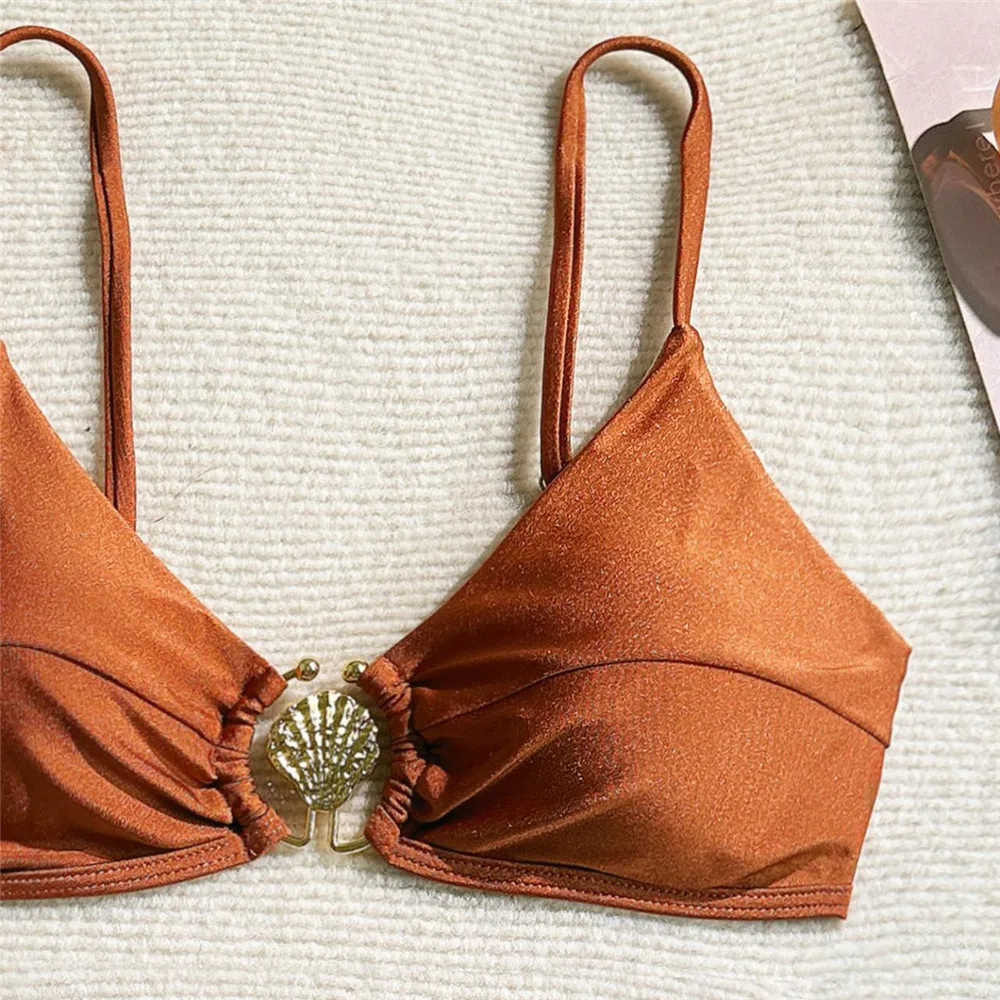 Metal Shell Ring Swimwear Sexy Wine Red Bikinis Sets Swimsuit Women 2025 Ruched Bathing Suit Swimming Wear Bikinis De Mujer