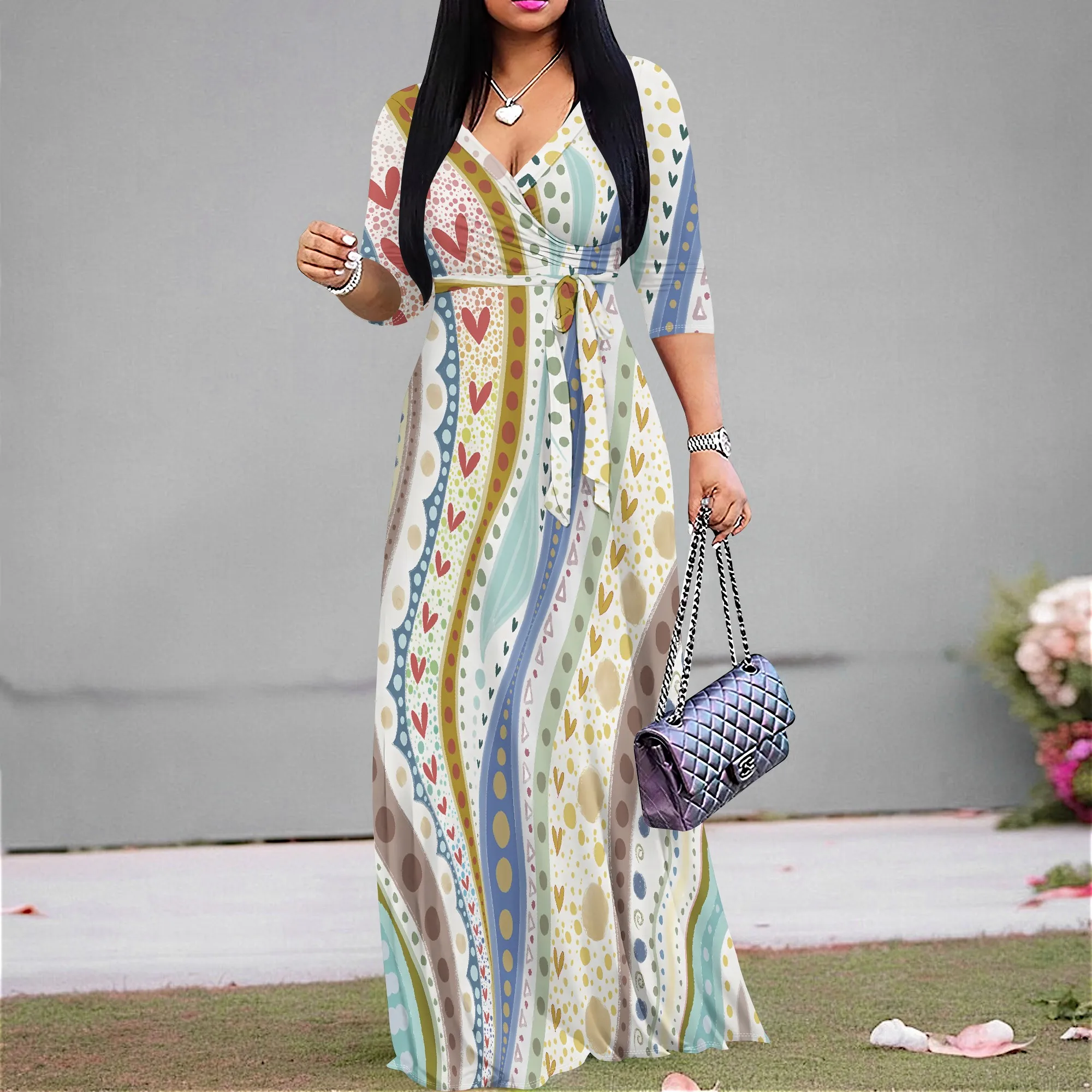 Nupusa Heart & Dot พิมพ์ชุดผู้หญิงขนาดมาตรฐานฤดูร้อนลําลอง V คอ 3/4 แขนเสื้อ Maxi ชุด