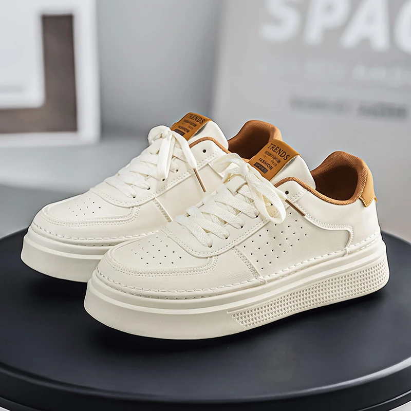 

Fashion Men Casual Leather Sneakers Spring Breathable Trendy Mating White Skate Shoes Comfortable Non-slip Daily Walking Shoes