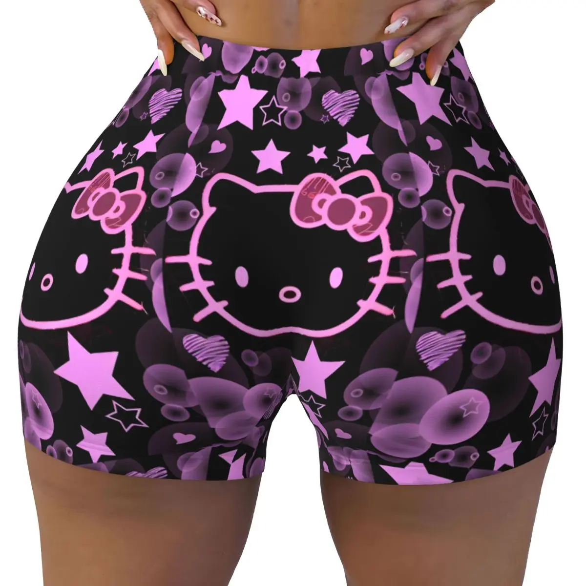 Women's Workout Yoga Shorts Hello Kitty Punk Style High Waist Shorts Lifting Sports Leggings