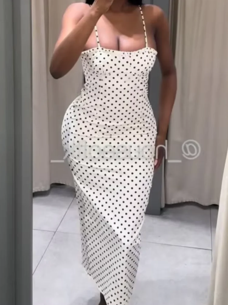 

White Black Polka Dot Lady Sling Dress Retro Sleeveless Square Neck Split Bodycon Midi Dresses Women Cocktail Party Gowns 2026