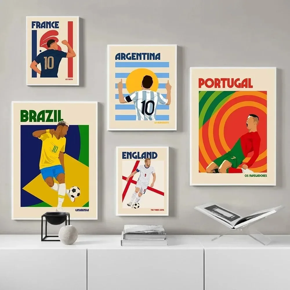 Retro Football Wall Art Canvas  England Brazil France Argentina Portugal  Colorful Boy Fan Sports Poster  Home Decor for Living