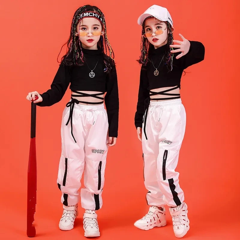 Costume girl Summer Chidren Hip Hop Clothing Cotton Black Long Sleeve Crop Tshirt White Polyester Pant 2 Pcs Streetwear Suit