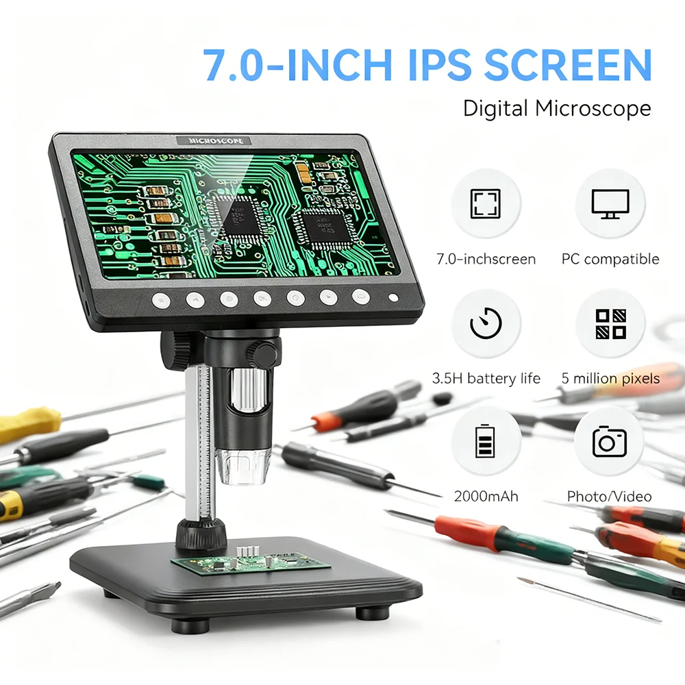 

1200X 7" LCD Digital Microscope 5MP Coin Microscope Magnifier for Coin PCB Circuit Repair Soldering Microscope with 8 Lights