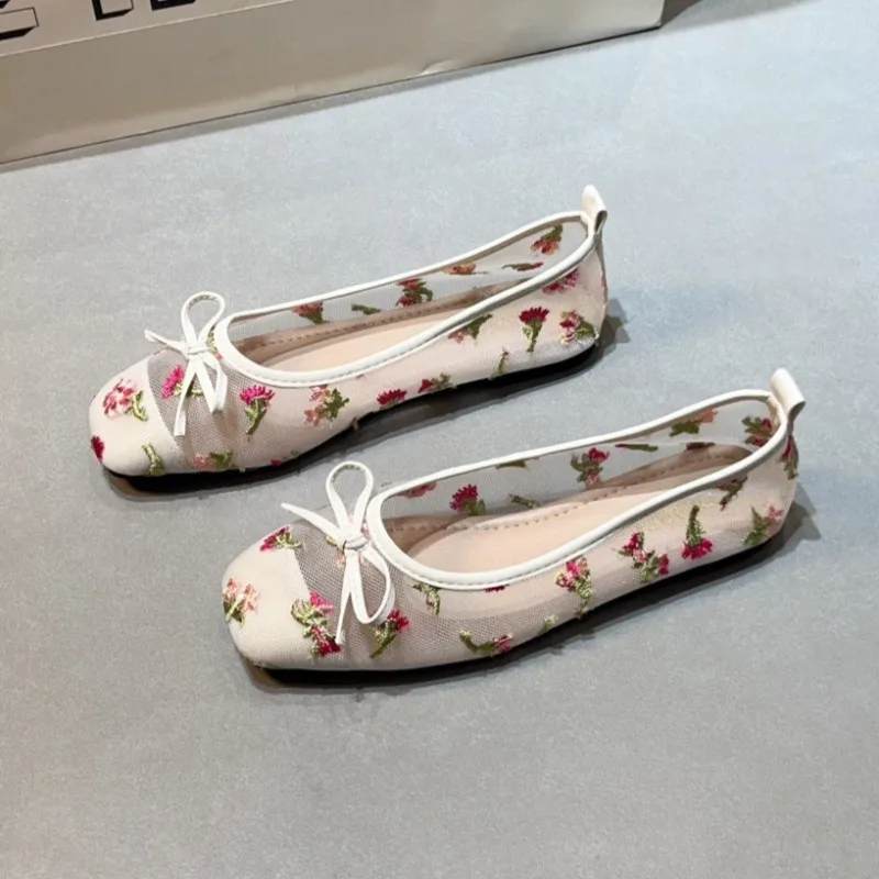 Mesh Embroidery Bow Details Ballet Flats Women Square Toe Breathable Mary Jane Shoes Comfortable Sweet with Tops Dress Shoes