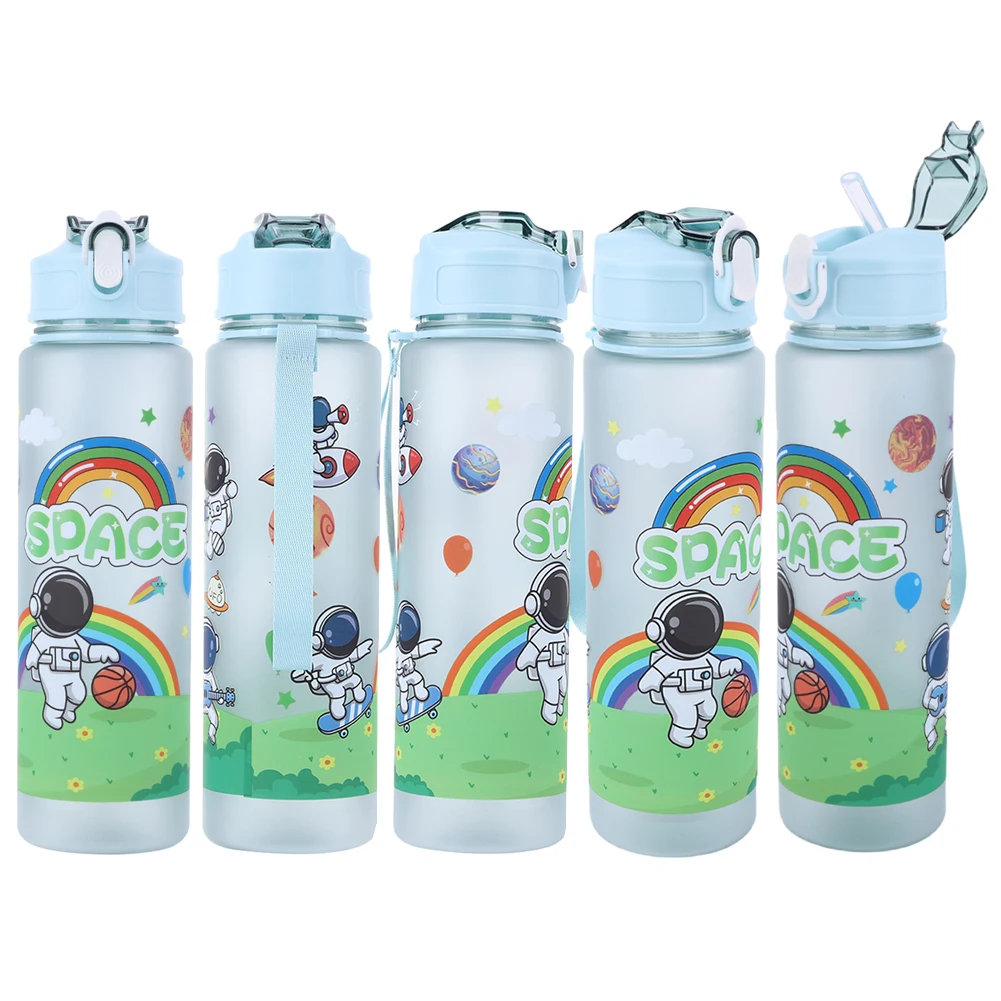 

800ml Cartoon Water Bottle with Straw & Handle Astronaut Sports Bottle Large Capacity Cute Drinking Bottle for Boys Girls