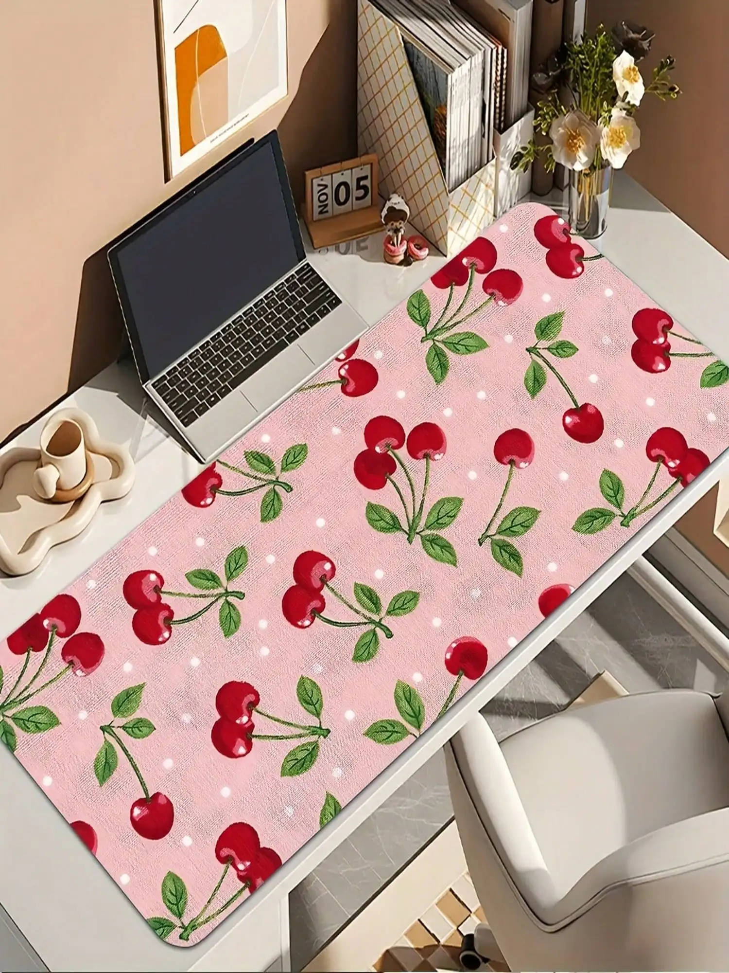 One Gaming Mouse Pad With A Non-Slip Rubber Base, Washable Surface, Cherry Design, Raspberry And Green Leaf Pattern, And A Soft Pink Background. Ideal For Computer, Office, And Home Gaming – A Perfect Gift For Gamers And Professionals