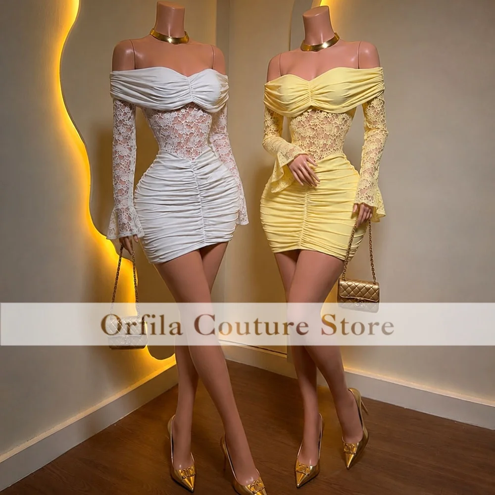Glitter Lace Short Prom Dresses Long Sleeves Mini Cocktail Party Dress Off Shoulder Customized Formal Evening vestidos de gala