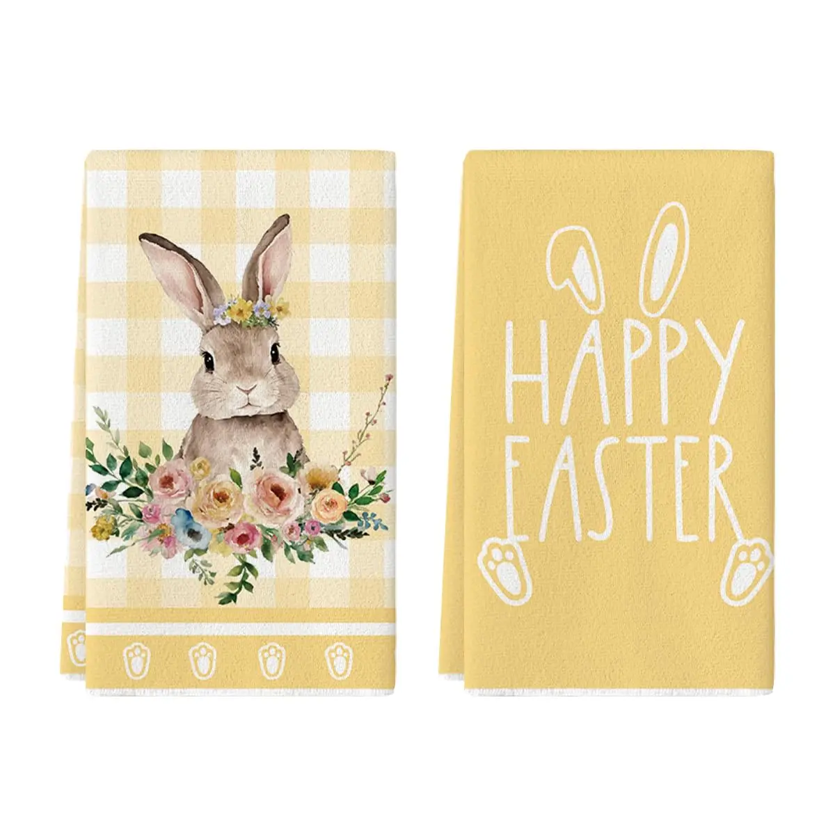 2 Pack Happy Easter Bunny Towels - 16x24 Inch Yellow Buffalo Plaid for Spring Summer Holiday Decor