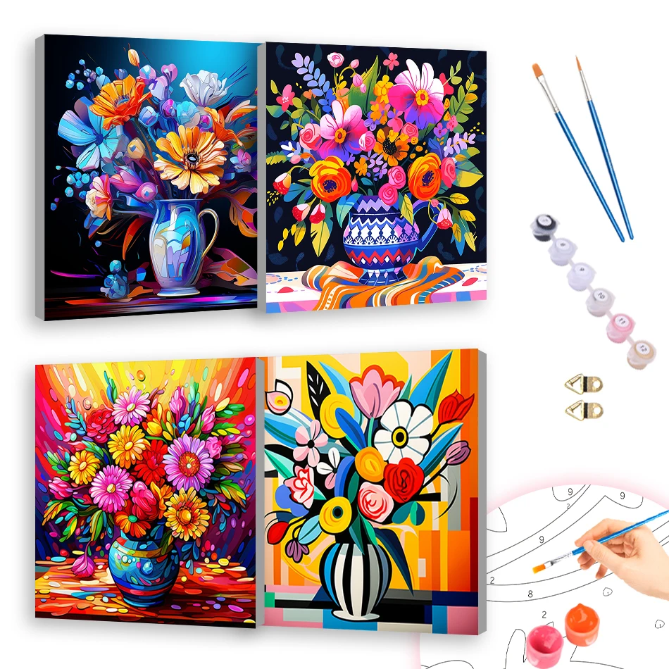

RUOPOTY 20x20cm With Frame Painting By Numbers For Beginner Oil Arts Crafts Drawing Wall Art Picture vase Flowers Canvas Diy Set
