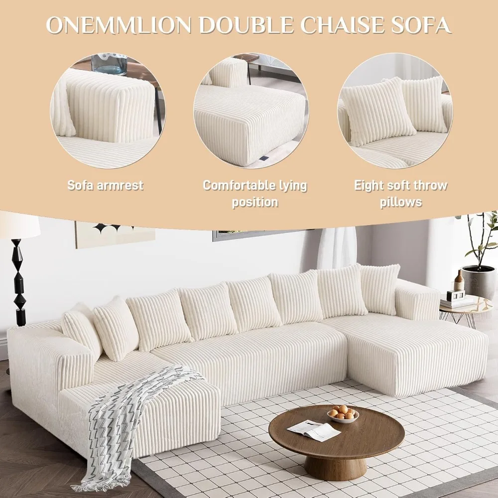 131 Inch Modular Combination Sofa, Comfortable Corduroy Combination Sofa with Double Lounge Chairs