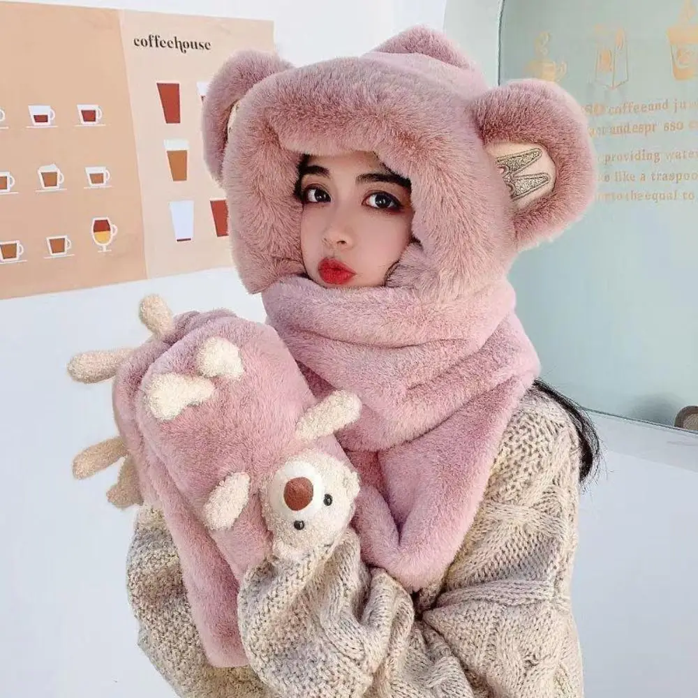 Fashion Thickened Hat Scarf Gloves Set Cute Bear Ear Winter Warm Ear Protection Cap Fleece-lined and Thickened Hat Outdoor