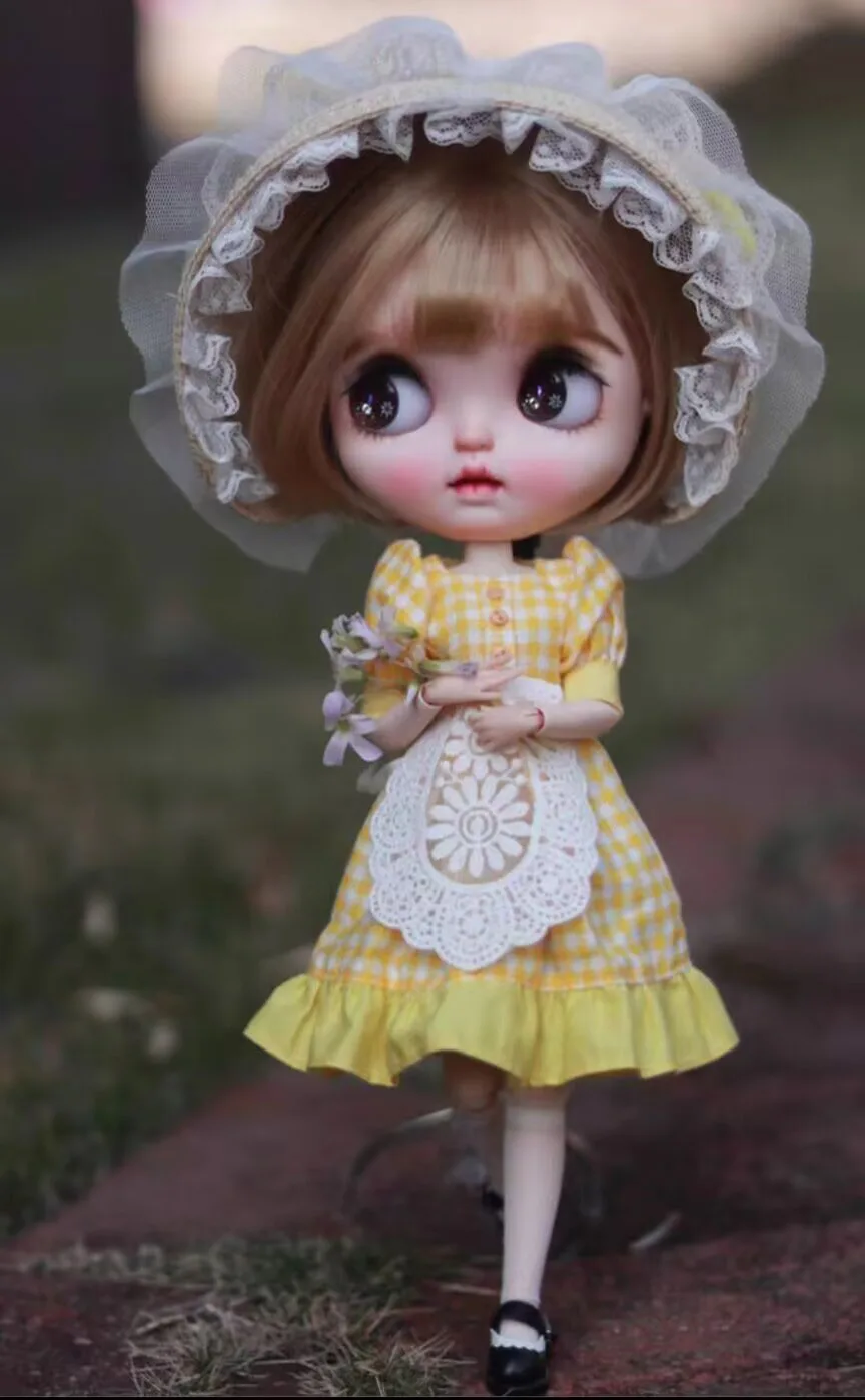 4pcs rural countryside style Blythe/Landoudou Dress, straw hat, apron, socks  1/6 30cm(Fit for  azone,Pullip,Ob22/24/26, Licca)