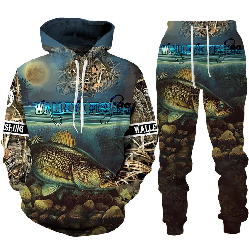 Pêche 3D imprimé sweat à capuche pantalon ensembles hommes Streetwear décontracté sweats à capuche pantalons de survêtement deux pièces costume homme survêtement vêtements